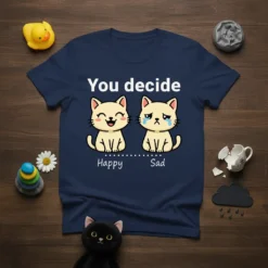 You Decide Happy Sad cat t-shirt design with two contrasting cat illustrations, one happy and one sad