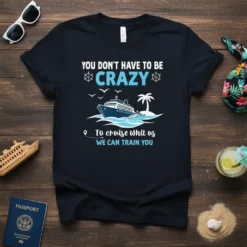 Navy t-shirt with white and blue text "YOU DON'T HAVE TO BE CRAZY To cruise whit us WE CAN TRAIN