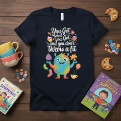 You Get what you Get and you don't Throw a fit quote on a dark t-shirt with a colorful monster