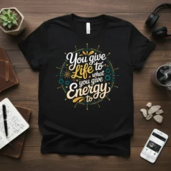 Black t-shirt featuring the quote "You give Life to what you give Energy to" in decorative yellow and white typography