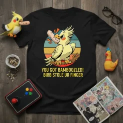 Black t-shirt with yellow text "YOU GOT BAMBOOZLED! BIRB STOLE UR FINGER" and a cartoon cockatiel stealing a finger