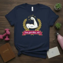 You Got This, Sis! t-shirt design with a flexed muscle arm, halo, laurel wreath, and banner