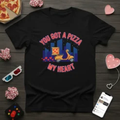 You Got A Pizza My Heart text with a pizza delivery scooter and hearts on a black t-shirt