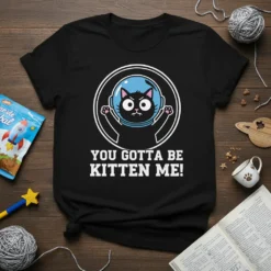 Funny astronaut cat t-shirt with the text "You Gotta Be Kitten Me!" in bold white lettering