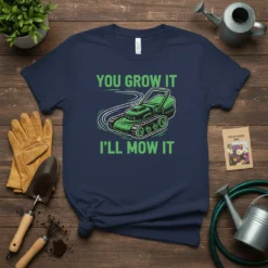 You Grow It I'll Mow It funny lawn mowing quote on a navy t-shirt with a green lawnmower graphic