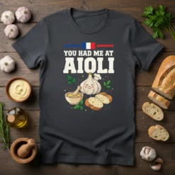 You Had Me At Aioli t-shirt with a cute smiling garlic character, mortar and pestle, and bread slices. French flag
