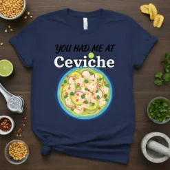 Navy t-shirt with "You HAD ME AT Ceviche" text and a graphic of ceviche in a bowl