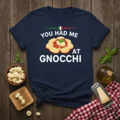 You Had Me At Gnocchi text with Italian flag accent above a graphic of gnocchi with sauce on a navy