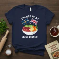 You Had Me At Jiggs Dinner t-shirt design featuring a bowl of roast meat, vegetables, and flags of Scotland and