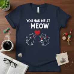 You Had Me At Meow text with two cute cats holding a yarn heart on a navy t-shirt design