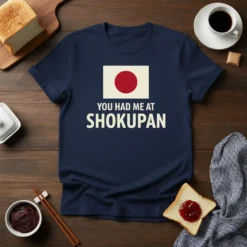 Navy t-shirt with Japanese flag motif and "YOU HAD ME AT SHOKUPAN" text in cream letters