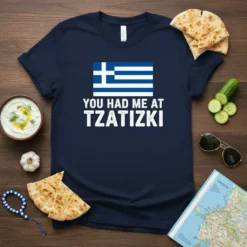 Navy blue t-shirt with Greek flag and white text "YOU HAD ME AT TZATZIKI" for Greek food lovers