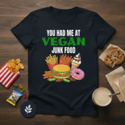 T-shirt with "You Had Me At Vegan Junk Food" text and cartoon graphics of a burger, fries, donut, and ice