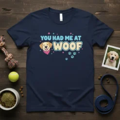 You Had Me At Woof t-shirt design featuring a happy golden retriever face and playful typography