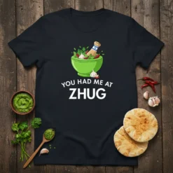 T-shirt with "You Had Me At Zhug" text and a mortar with ingredients for zhug sauce, including chilies and herbs