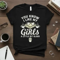 T-shirt with the quote "You Know I Like My Girls A Little Bit Older" above books, coffee cups, and glasses