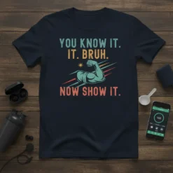 Gym t-shirt with bold text "YOU KNOW IT. IT. BRUH. NOW SHOW IT." and a graphic of a flexing bicep
