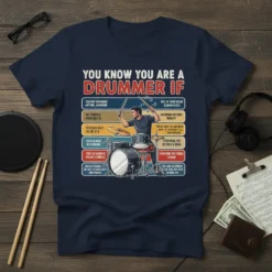 T-shirt design listing signs you are a drummer, featuring text "You Know You Are A Drummer If" and a drummer