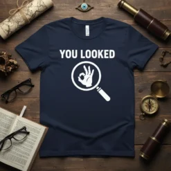 Navy blue t-shirt with white text "YOU LOOKED" and an OK hand symbol inside a magnifying glass graphic