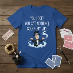 Blue t-shirt with white text "YOU LOSE! YOU GET NOTHING! GOOD DAY SIR!" and a cartoon magician graphic