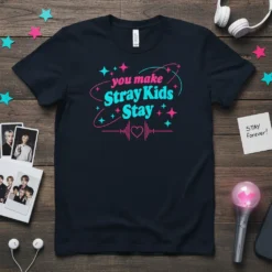 You Make Stray Kids Stay quote with stars and heart graphic on a navy t-shirt, K-Pop fan apparel