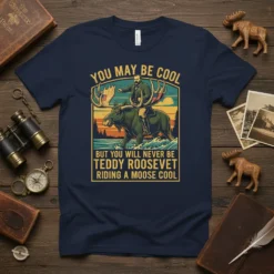 T-shirt with the quote "You May Be Cool But You Will Never Be Teddy Roosevelt Riding A Moose Cool" featuring