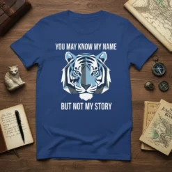 Blue t-shirt with geometric tiger design and white text "You May Know My Name But Not My Story"