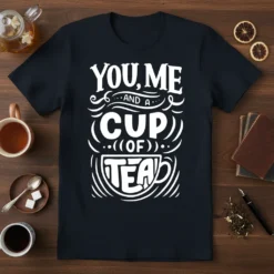 You, Me And A Cup Of Tea quote t-shirt design with stylized typography and a teacup graphic