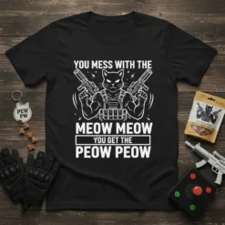 You Mess With The Meow Meow You Get The Peow Peow T-Shirt featuring a muscular cat holding two guns, white