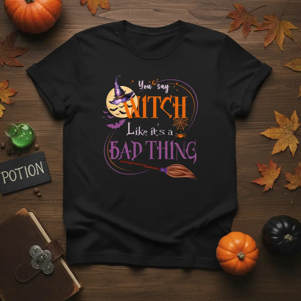 You Say Witch Like It's A Bad Thing Halloween quote design with witch hat and broom
