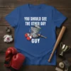 Funny "You Should See The Other Guy Guy" t-shirt design with a cartoon of a dented trash can, boxing gloves