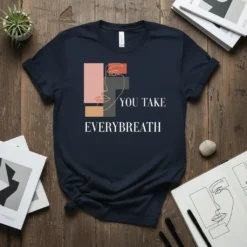 Minimalist abstract face t-shirt design with the quote "You Take Everybreath" in white text