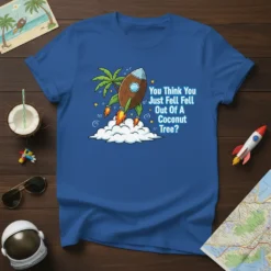You Think You Just Fell Fell Out Of A Coconut Tree quote on a blue t-shirt with a coconut rocket