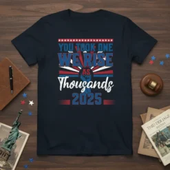 "You Took One We Rise As Thousands 2025" text with patriotic stars and stripes design on a navy t-shirt