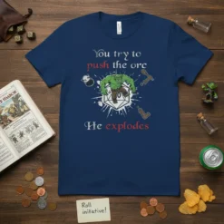 T-shirt design with text "You try to push the orc He explodes" featuring a green orc on a D20 die