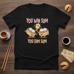 You Win Sum You Dim Sum t-shirt featuring two cute cartoon dim sum baskets holding a trophy