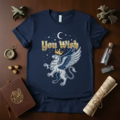 You Wish text with a crowned griffin graphic on a navy blue t-shirt, stars and moon in the background