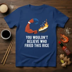 Funny t-shirt with text "YOU WOULDN'T BELIEVE WHO FRIED THIS RICE" and a cartoon crab claw cooking in a wok