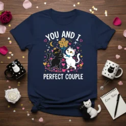 You And I Perfect Couple text with black and white cats holding flowers design on a navy t-shirt