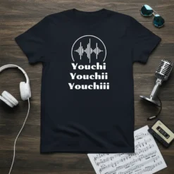 Youchi Youchii Youchiii text with a white sound wave graphic inside a circle on a navy t-shirt