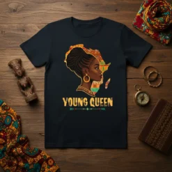 Young Queen t-shirt design featuring a profile of a Black woman with braided hair against the backdrop of the African