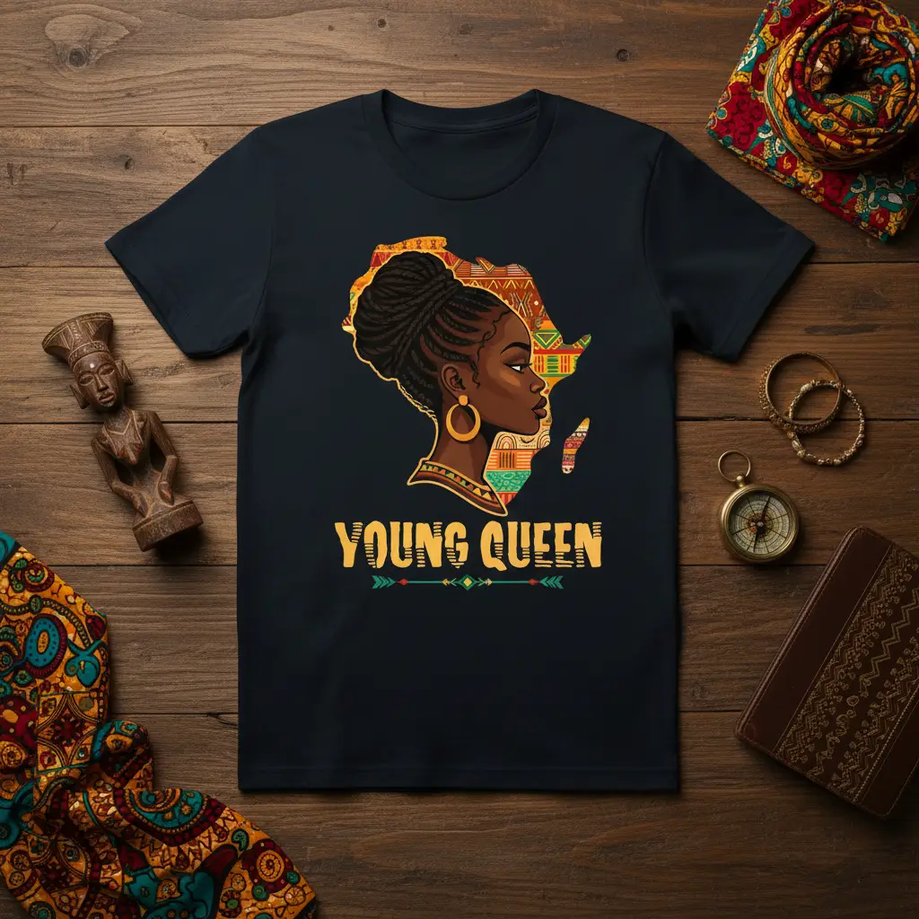 YOUNG QUEEN text and profile of a Black woman with braided hair over an African map graphic on a t-shirt