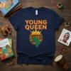 Navy blue t-shirt with bold yellow text "YOUNG QUEEN" and a graphic of Africa with a crown above it