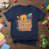 Young Wild & Three t-shirt design with a cartoon lion, balloons, and colorful confetti, perfect for a 3rd birthday