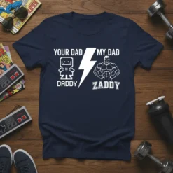 Your Dad My Dad Daddy Zaddy t-shirt featuring pixelated daddy and muscular zaddy graphics with lightning bolt