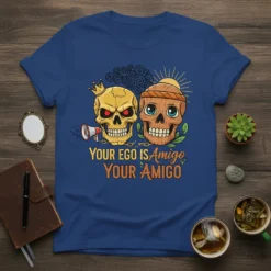 Graphic t-shirt design featuring two skulls with the text "Your Ego Is Amigo Your Amigo" and a crown on one
