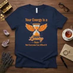 Your Energy is a Luxury Item Not Everyone Can Afford It quote on a navy t-shirt with an hourglass and