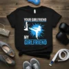Your Girlfriend My Girlfriend Karate T-Shirt design featuring a female martial artist kicking and a woman in a dress