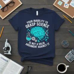 Your Inability to Grasp Science quote with a teal brain graphic on a navy t-shirt, science symbols, and scientific equipment