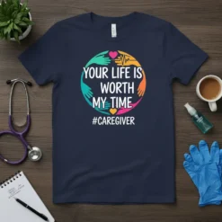 T-shirt with "Your Life Is Worth My Time #Caregiver" text inside a circle of hands, featuring a heartbeat graphic